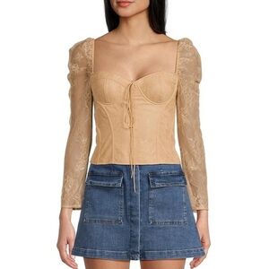 Chelsea & Violet Laura  Lace Sweetheart Neck Tie Front Long Sleeve Fitted Blouse